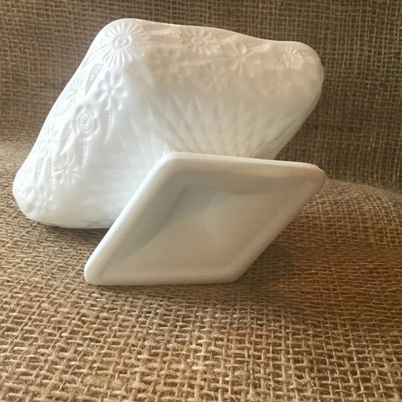 Vintage Milk Glass Floral Pedestal Bowl - Diamond Shape - Picture 5 of 6